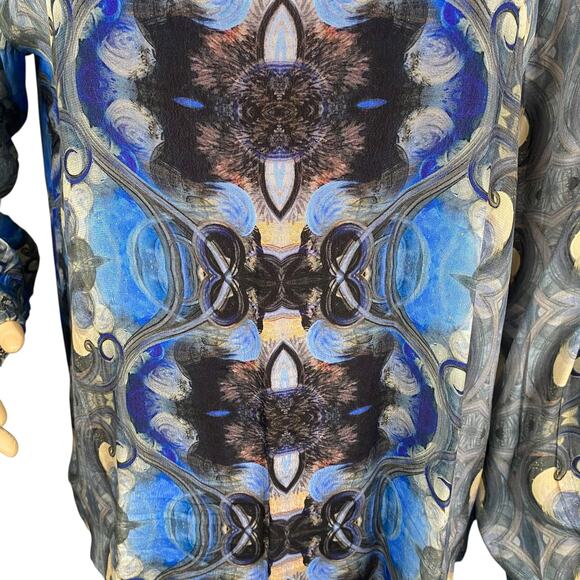 AP.NY Blue Gray Abstract Mirrored Print Artsy Cupro Blouse Top SZ M - Picture 5 of 10